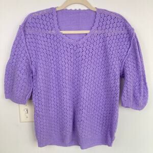 Handmade Womens L Purple Crochet Short Sleeve Sweater Cottagecore Fairy Grandma
